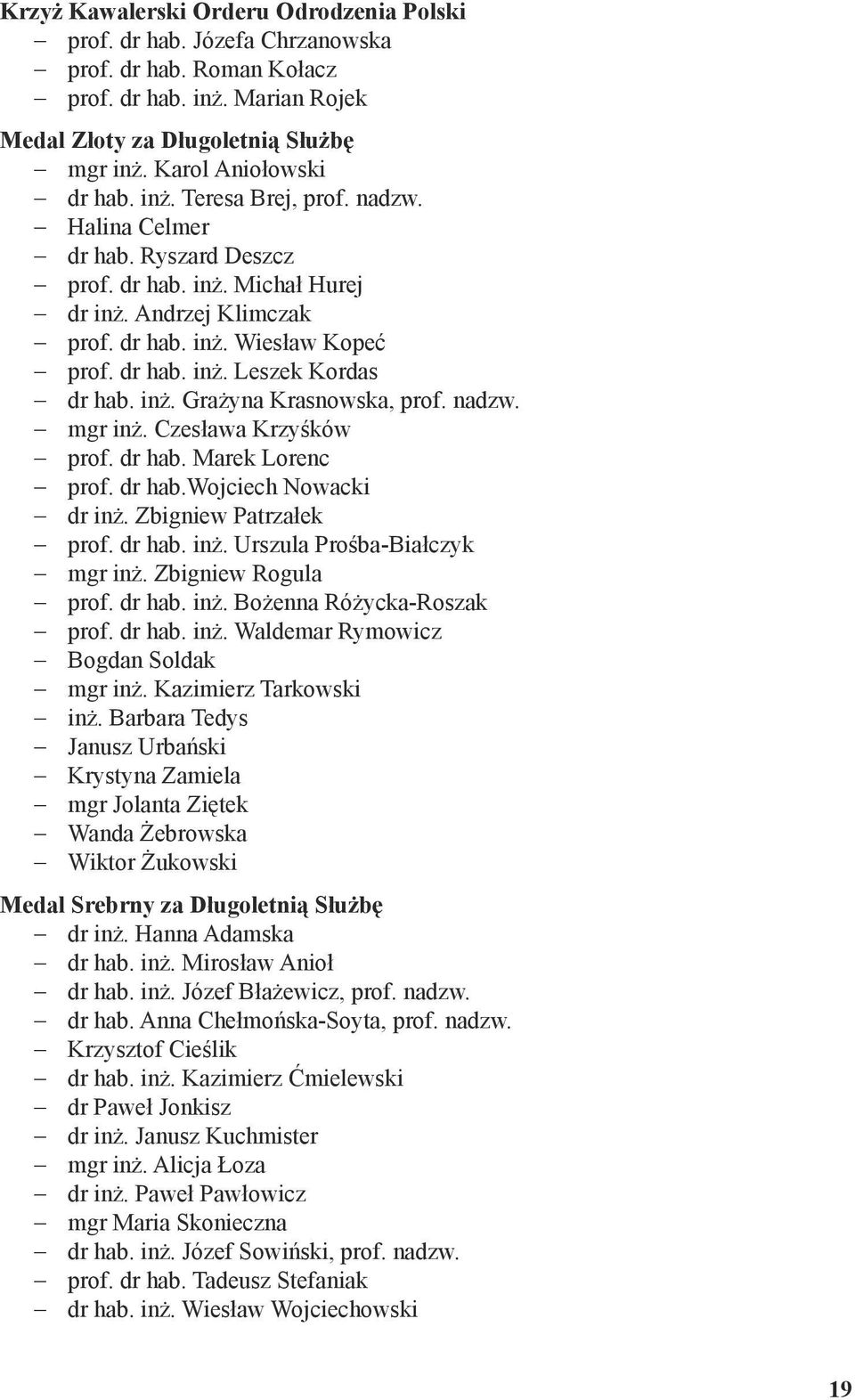 inż. Grażyna Krasnowska, prof. nadzw. mgr inż. Czesława Krzyśków prof. dr hab. Marek Lorenc prof. dr hab.wojciech Nowacki dr inż. Zbigniew Patrzałek prof. dr hab. inż. Urszula Prośba-Białczyk mgr inż.