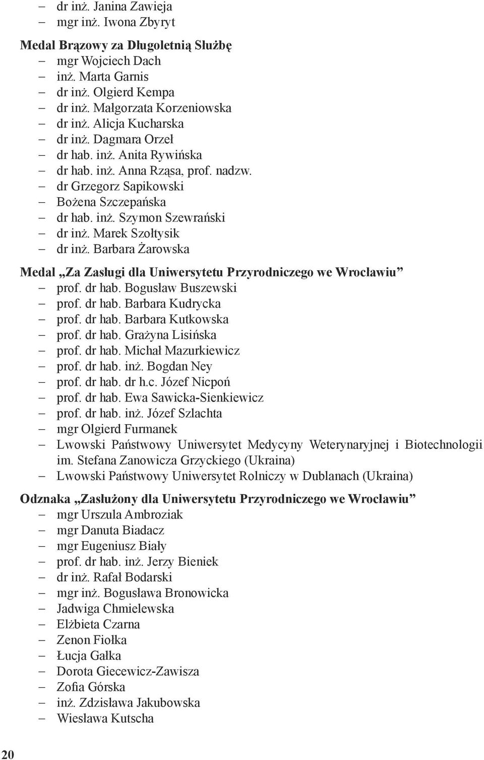 Marek Szołtysik dr inż. Barbara Żarowska Medal Za Zasługi dla Uniwersytetu Przyrodniczego we Wrocławiu prof. dr hab. Bogusław Buszewski prof. dr hab. Barbara Kudrycka prof. dr hab. Barbara Kutkowska prof.