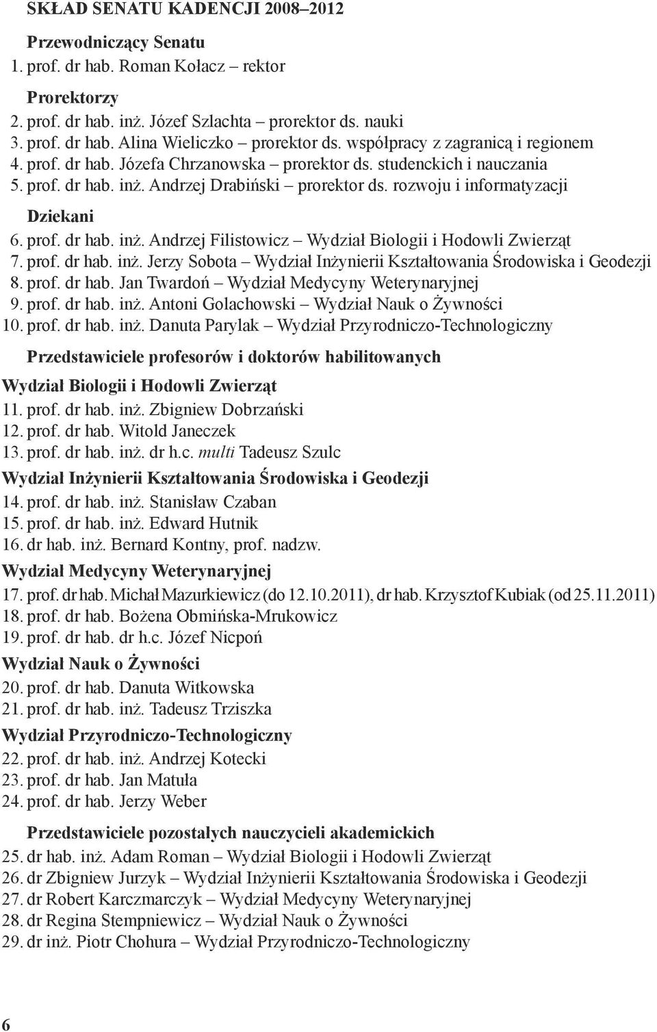 prof. dr hab. inż. Andrzej Filistowicz Wydział Biologii i Hodowli Zwierząt 7. prof. dr hab. inż. Jerzy Sobota Wydział Inżynierii Kształtowania Środowiska i Geodezji 8. prof. dr hab. Jan Twardoń Wydział Medycyny Weterynaryjnej 9.