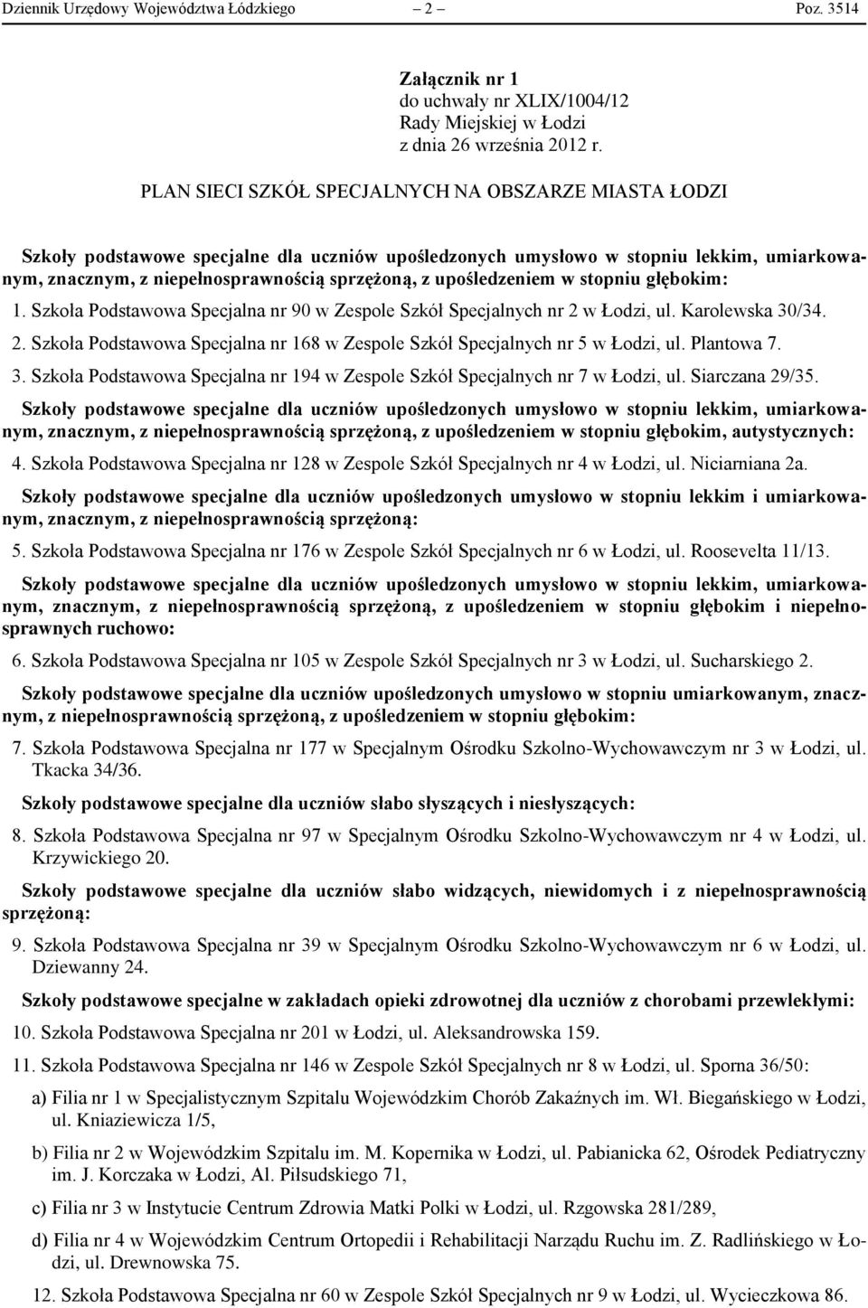 Szkoła Podstawowa Specjalna nr 90 w Zespole Szkół Specjalnych nr 2 w Łodzi, ul. Karolewska 30/34. 2. Szkoła Podstawowa Specjalna nr 168 w Zespole Szkół Specjalnych nr 5 w Łodzi, ul. Plantowa 7. 3. Szkoła Podstawowa Specjalna nr 194 w Zespole Szkół Specjalnych nr 7 w Łodzi, ul.