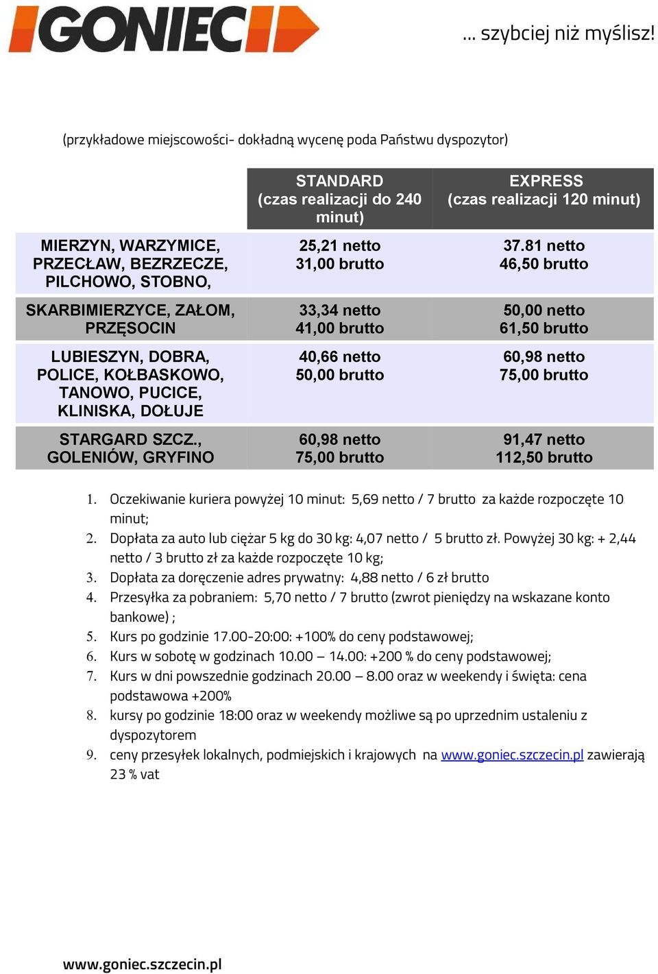, GOLENIÓW, GRYFINO STANDARD (czas realizacji do 240 minut) 25,21 netto 31,00 brutto 33,34 netto 41,00 brutto 40,66 netto 50,00 brutto 60,98 netto 75,00 brutto EXPRESS (czas realizacji 120 minut) 37.