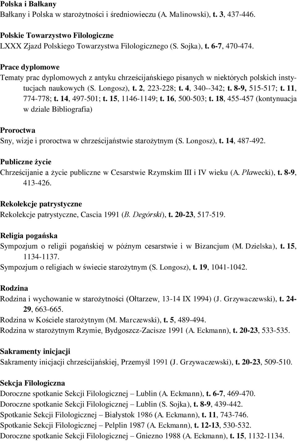 11, 774-778; t. 14, 497-501; t. 15, 1146-1149; t. 16, 500-503; t. 18, 455-457 (kontynuacja w dziale Bibliografia) Proroctwa Sny, wizje i proroctwa w chrześcijaństwie starożytnym (S. Longosz), t.