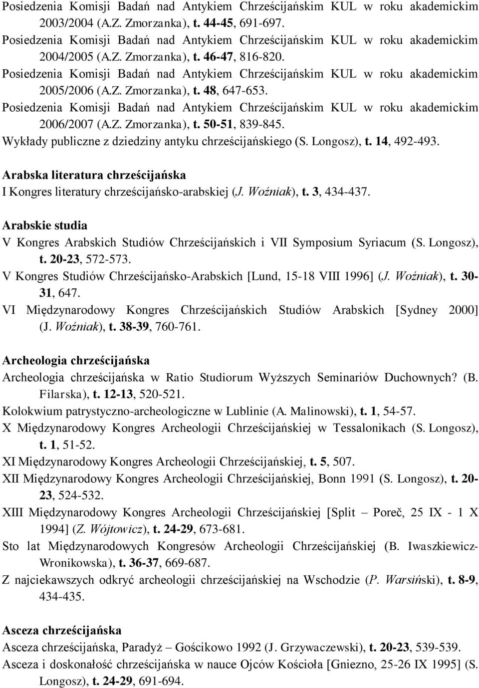 Posiedzenia Komisji Badań nad Antykiem Chrześcijańskim KUL w roku akademickim 2005/2006 (A.Z. Zmorzanka), t. 48, 647-653.