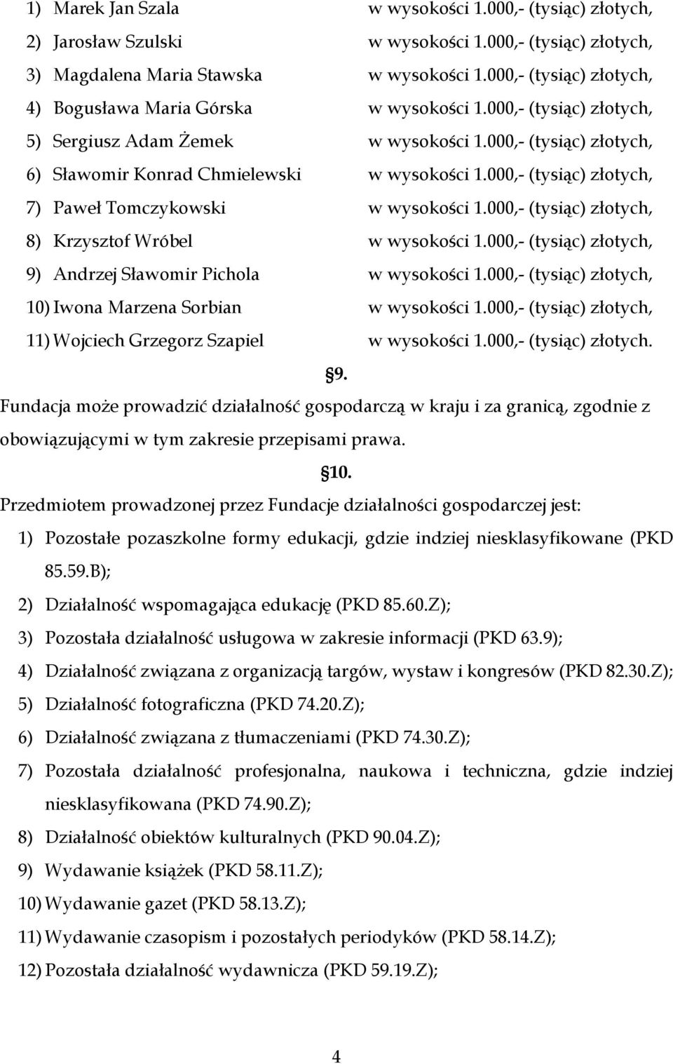 000,- (tysiąc) złotych, 7) Paweł Tomczykowski w wysokości 1.000,- (tysiąc) złotych, 8) Krzysztof Wróbel w wysokości 1.000,- (tysiąc) złotych, 9) Andrzej Sławomir Pichola w wysokości 1.