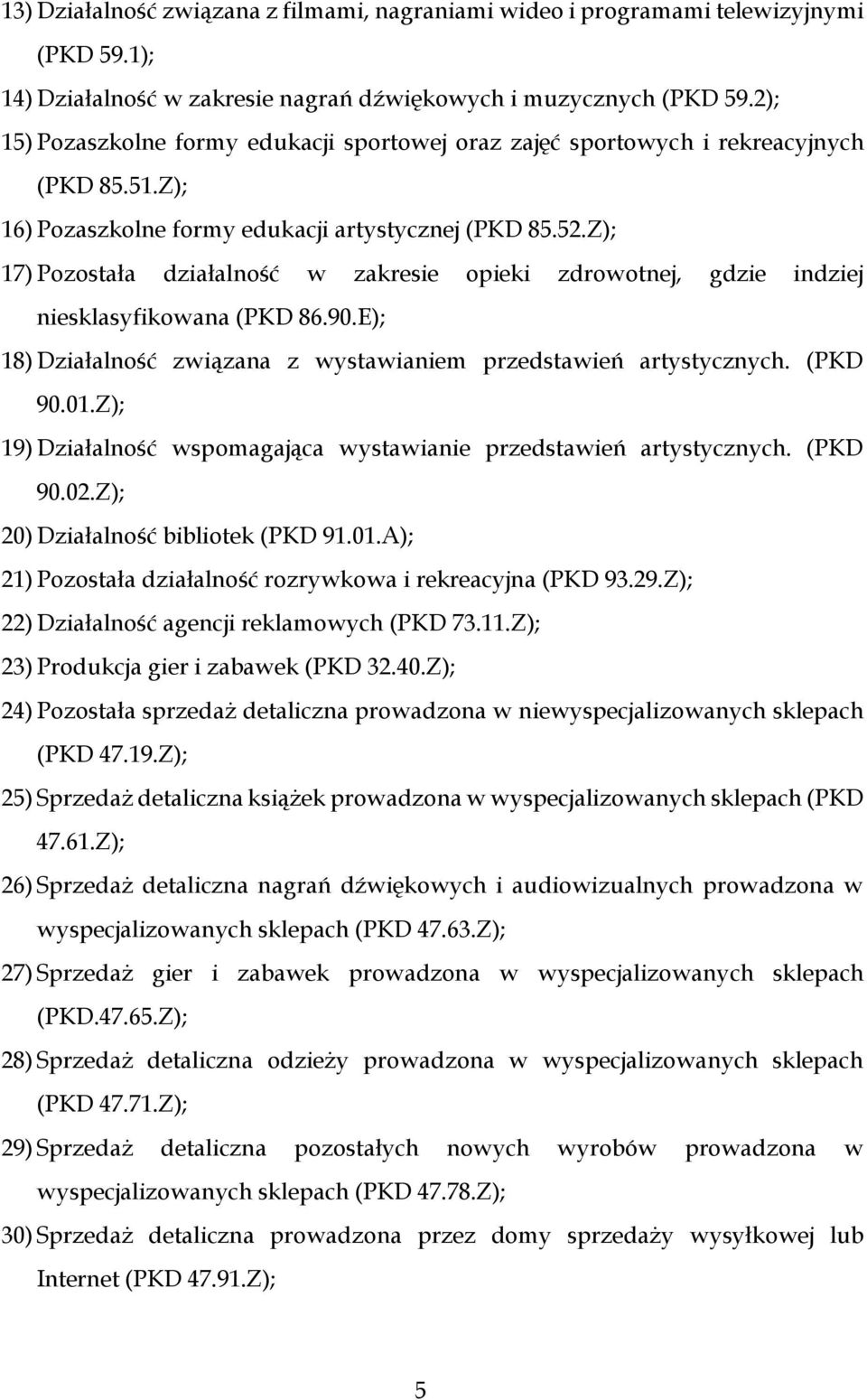 Z); 17) Pozostała działalność w zakresie opieki zdrowotnej, gdzie indziej niesklasyfikowana (PKD 86.90.E); 18) Działalność związana z wystawianiem przedstawień artystycznych. (PKD 90.01.