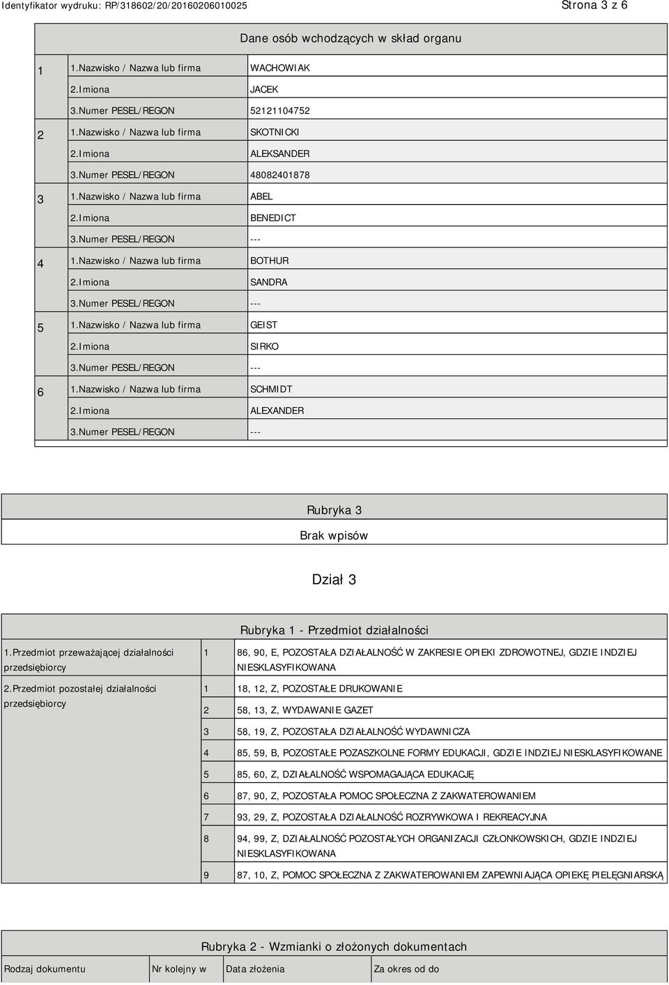 Nazwisko / Nazwa lub firma SCHMIDT ALEXANDER Rubryka 3 Dział 3 Rubryka 1 - Przedmiot działalności 1.Przedmiot przeważającej działalności przedsiębiorcy 2.