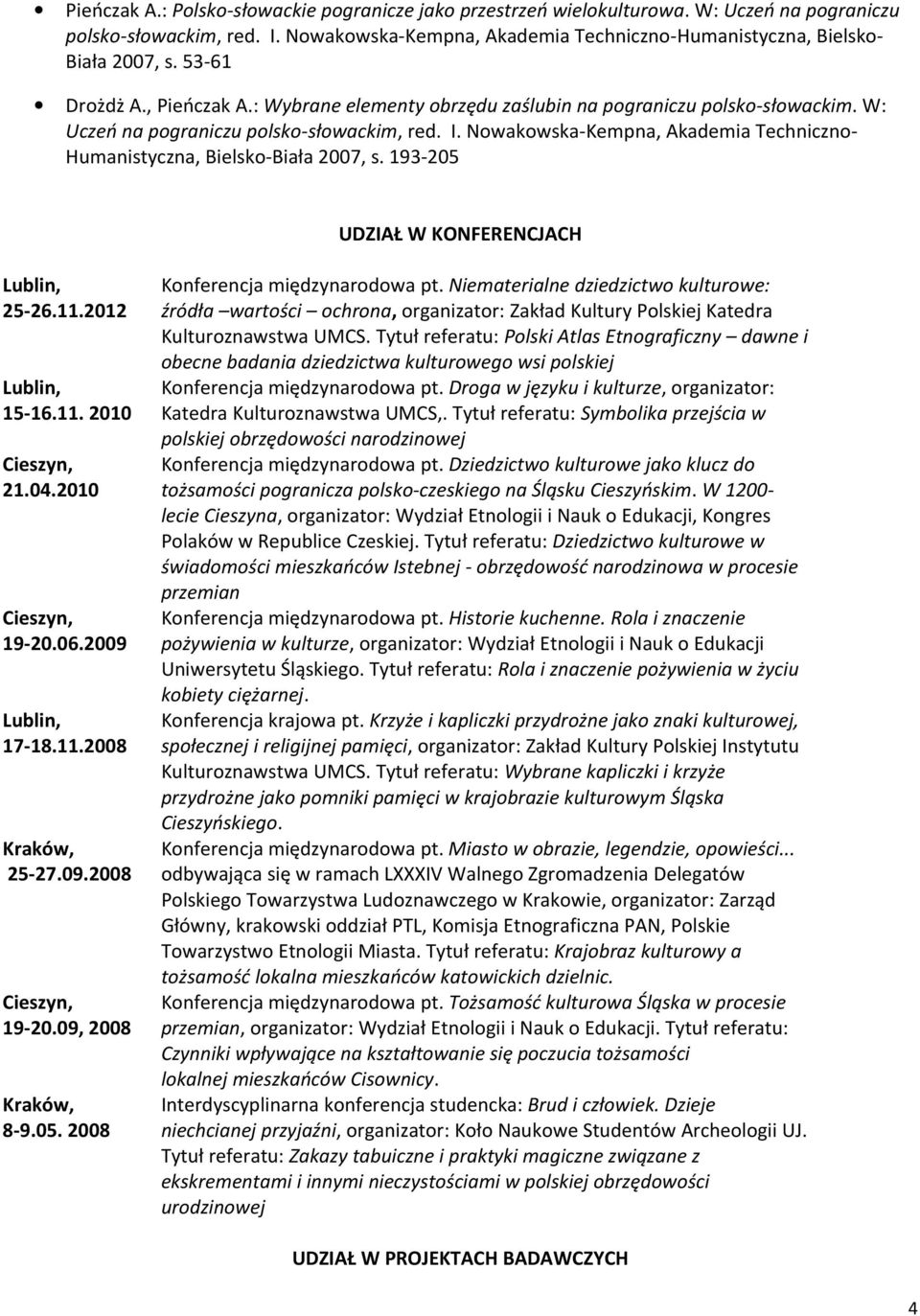 Nowakowska-Kempna, Akademia Techniczno- Humanistyczna, Bielsko-Biała 2007, s. 193-205 UDZIAŁ W KONFERENCJACH 25-26.11.2012 15-16.11. 2010 21.04.2010 19-20.06.2009 17-18.11.2008 Kraków, 25-27.09.2008 19-20.
