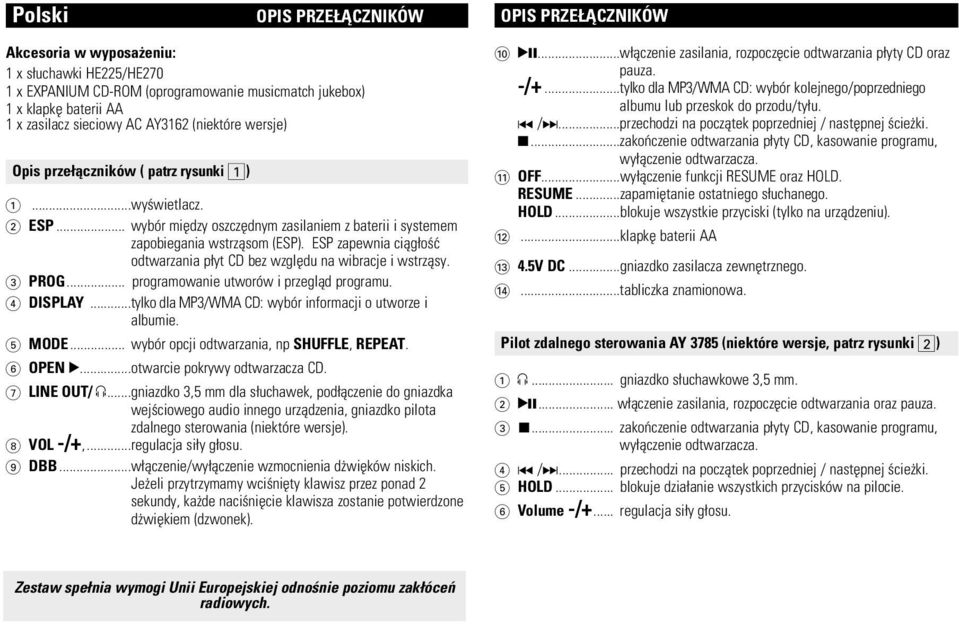 ESP zapewnia ciåg oœæ odtwarzania p yt bez wzglêdu na wibracje i wstrzåsy. 3 PROG... programowanie utworów i przeglåd programu. 4 DISPLAY...tylko dla / : wybór informacji o utworze i ie. 5 MODE.