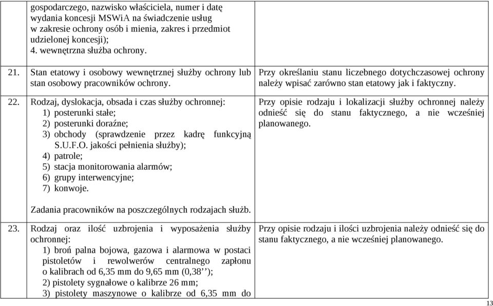 Rodzaj, dyslokacja, obsada i czas służby ochronnej: 1) posterunki stałe; 2) posterunki doraźne; 3) obchody (sprawdzenie przez kadrę funkcyjną S.U.F.O.