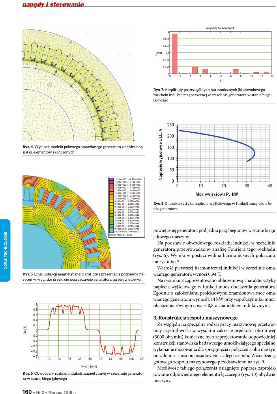 Linie indukcji magnetycznej z graficzną prezentacją poziomów nasyceń w wycinku przekroju poprzecznego generatora na biegu jałowym powietrznej generatora pod jedną parą biegunów w stanie biegu