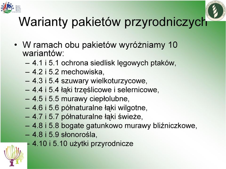 4 łąki trzęślicowe i selernicowe, 4.5 i 5.5 murawy ciepłolubne, 4.6 i 5.6 półnaturalne łąki wilgotne, 4.