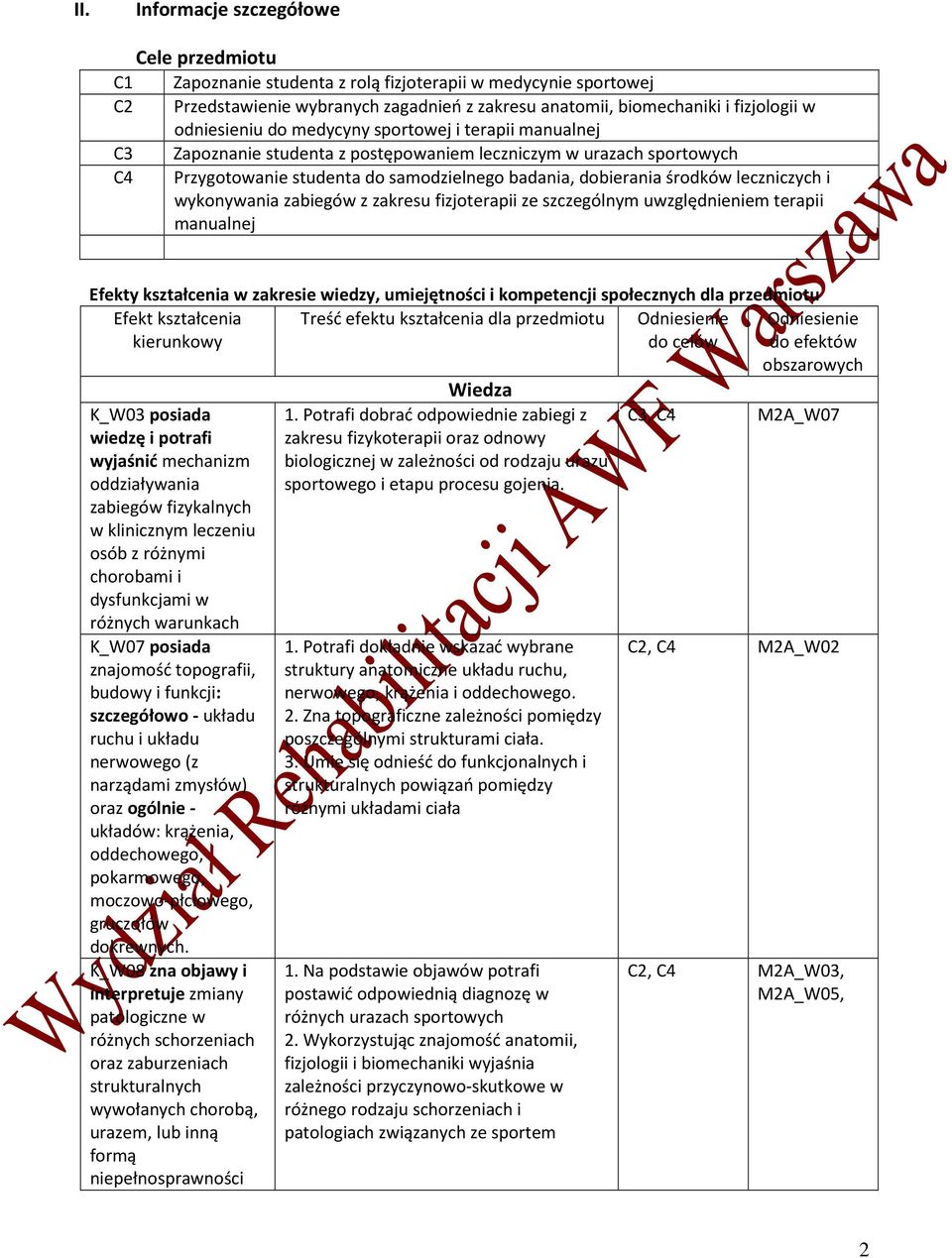 leczniczych i wykonywania zabiegów z zakresu fizjoterapii ze szczególnym uwzględnieniem terapii manualnej Efekty kształcenia w zakresie wiedzy, umiejętności i kompetencji społecznych dla przedmiotu