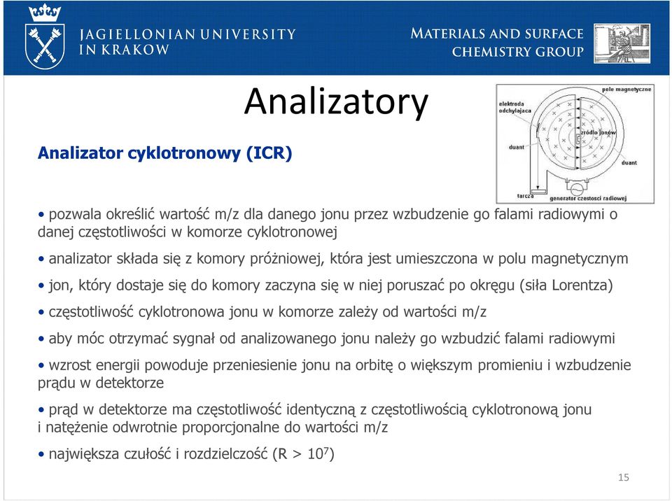 zależy od wartości m/z aby móc otrzymać sygnał od analizowanego jonu należy go wzbudzić falami radiowymi wzrost energii powoduje przeniesienie jonu na orbitę o większym promieniu i wzbudzenie
