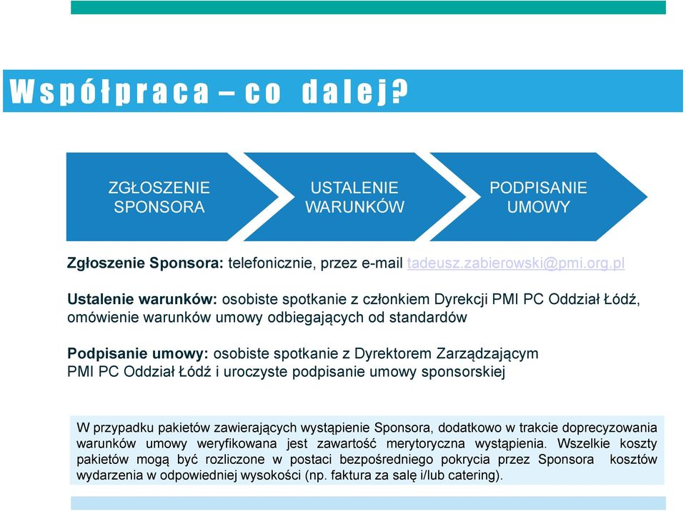 Zarządzającym PMI PC Oddział Łódź i uroczyste podpisanie umowy sponsorskiej W przypadku pakietów zawierających wystąpienie Sponsora, dodatkowo w trakcie doprecyzowania warunków umowy