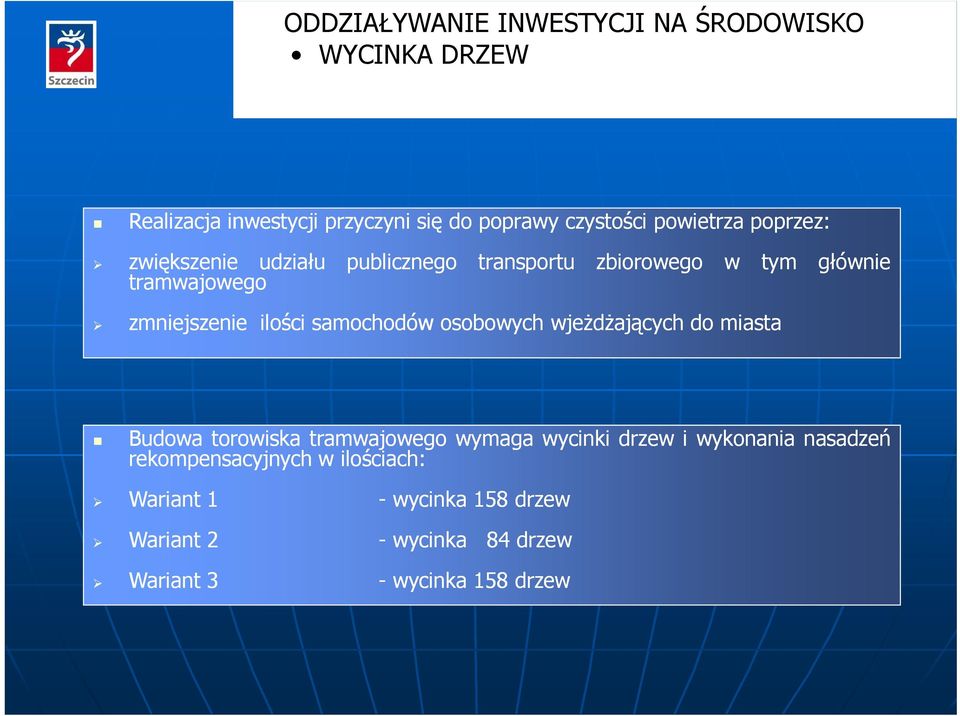 ilości samochodów osobowych wjeżdżających do miasta Budowa torowiska tramwajowego wymaga wycinki drzew i wykonania