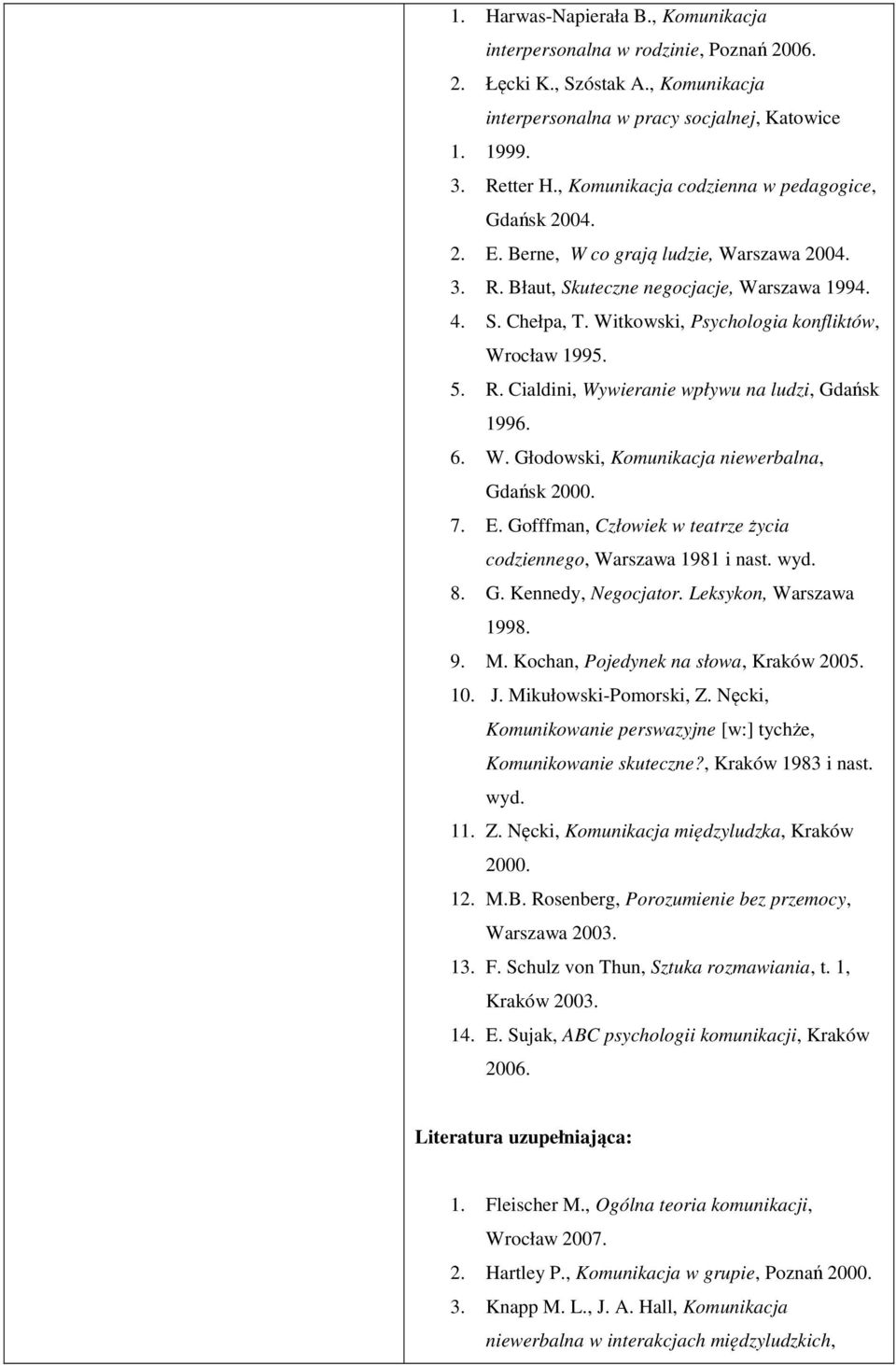 Witkowski, Psychologia konfliktów, Wrocław 1995. 5. R. Cialdini, Wywieranie wpływu na ludzi, Gdańsk 1996. 6. W. Głodowski, Komunikacja niewerbalna, Gdańsk 000. 7. E.