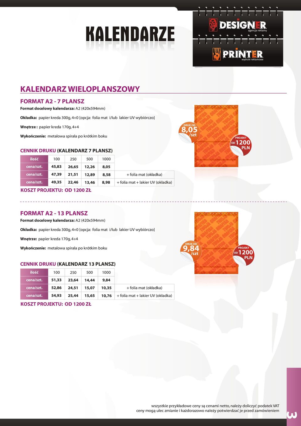 folia mat + lakier UV (ok³adka) FORMAT A2-13 PLANSZ Format docelowy kalendarza: A2 (420x594mm) Ok³adka: papier kreda 300g, 4+0 [opcja: folia mat i/lub lakier UV wybiórczo] Wnêtrze: papier kreda 170g,