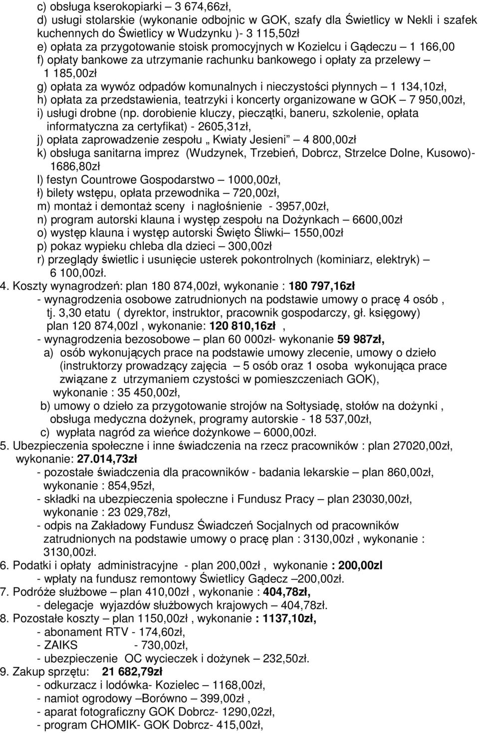 134,10zł, h) opłata za przedstawienia, teatrzyki i koncerty organizowane w GOK 7 950,00zł, i) usługi drobne (np.