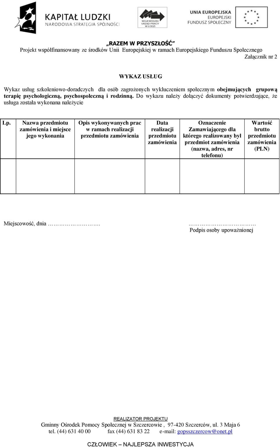 Nazwa przedmiotu zamówienia i miejsce jego wykonania Opis wykonywanych prac w ramach realizacji przedmiotu zamówienia Data realizacji przedmiotu