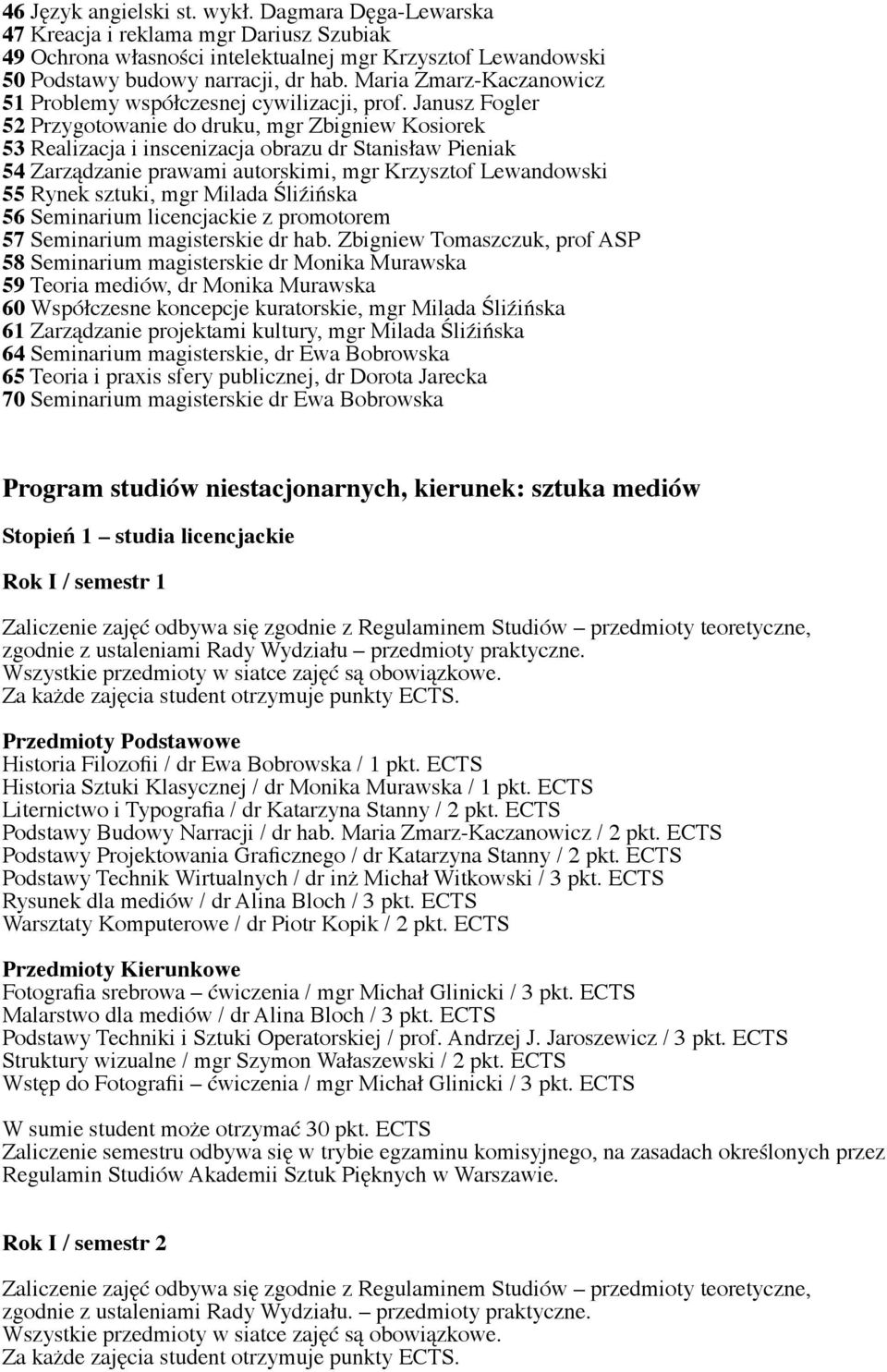 Janusz Fogler 52 Przygotowanie do druku, mgr Zbigniew Kosiorek 53 Realizacja i inscenizacja obrazu dr Stanisław Pieniak 54 Zarządzanie prawami autorskimi, mgr Krzysztof Lewandowski 55 Rynek sztuki,