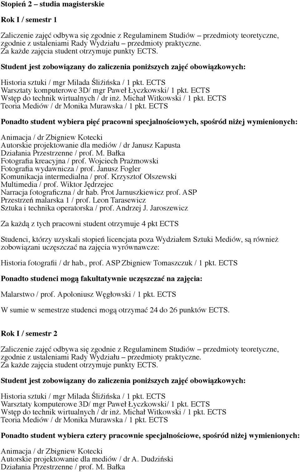 ECTS Ponadto student wybiera pięć pracowni specjalnościowych, spośród niżej wymienionych: Animacja / dr Zbigniew Kotecki Autorskie projektowanie dla mediów / dr Janusz Kapusta Działania Przestrzenne