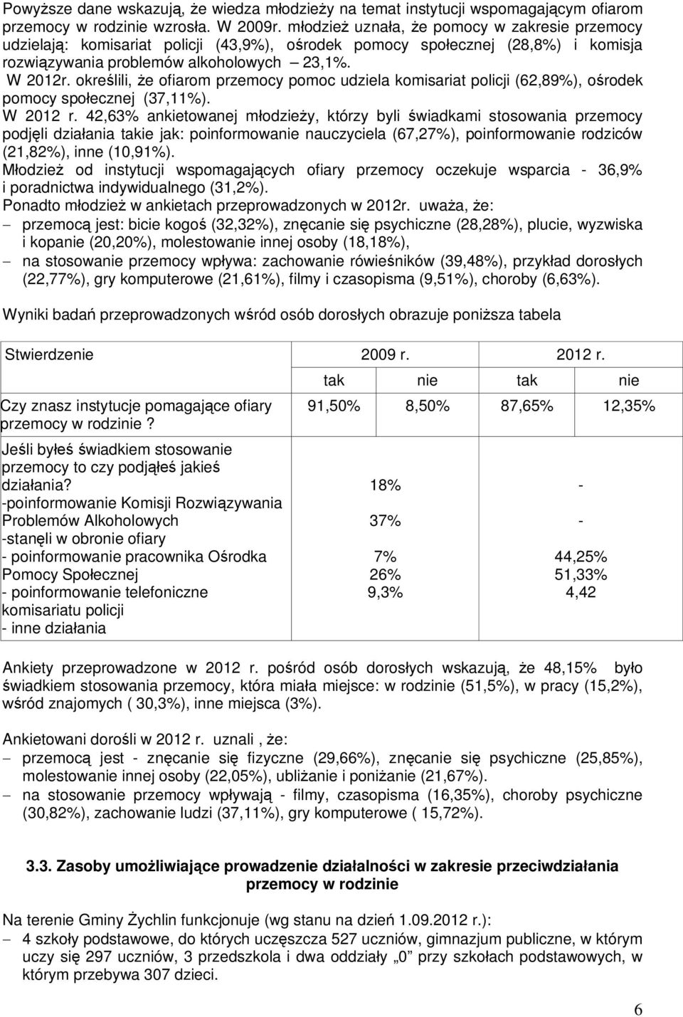 określili, że ofiarom przemocy pomoc udziela komisariat policji (62,89%), ośrodek pomocy społecznej (37,11%). W 2012 r.