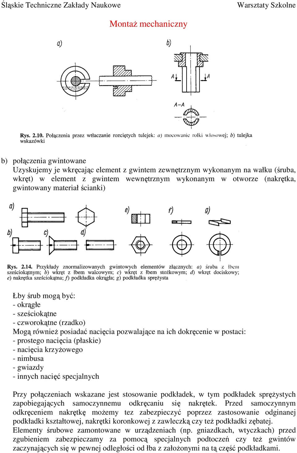 - nimbusa - gwiazdy - innych nacięć specjalnych Przy połączeniach wskazane jest stosowanie podkładek, w tym podkładek spręŝystych zapobiegających samoczynnemu odkręcaniu się nakrętek.