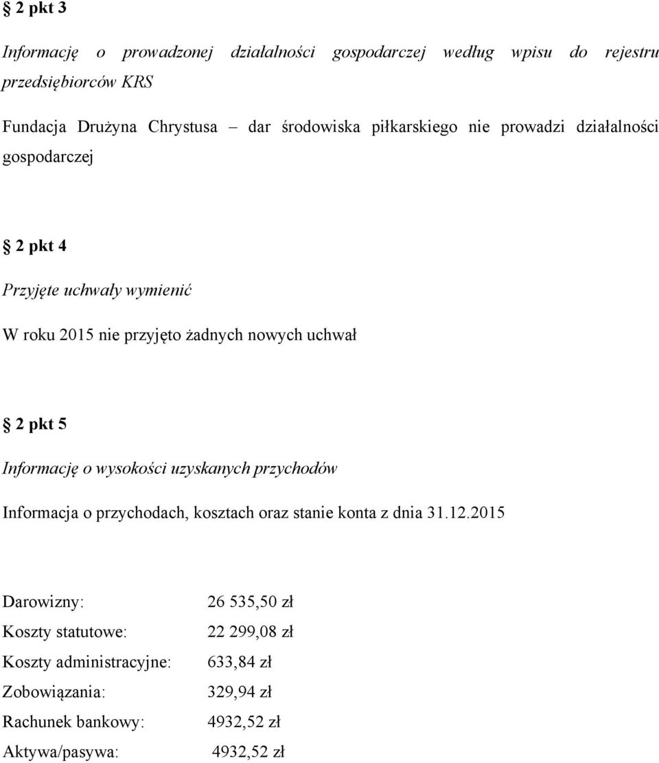 uchwał 2 pkt 5 Informację o wysokości uzyskanych przychodów Informacja o przychodach, kosztach oraz stanie konta z dnia 31.12.