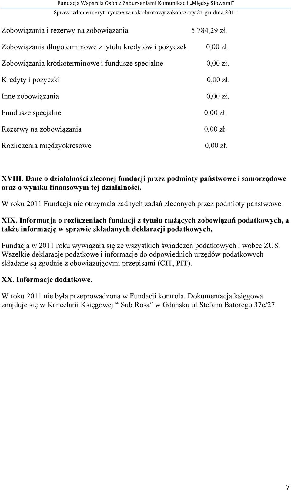 W roku 2011 Fundacja nie otrzymała żadnych zadań zleconych przez podmioty państwowe. XIX.