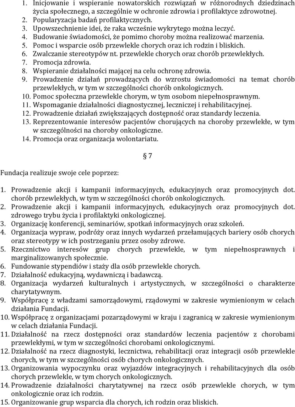 Pomoc i wsparcie osób przewlekle chorych oraz ich rodzin i bliskich. 6. Zwalczanie stereotypów nt. przewlekle chorych oraz chorób przewlekłych. 7. Promocja zdrowia. 8.