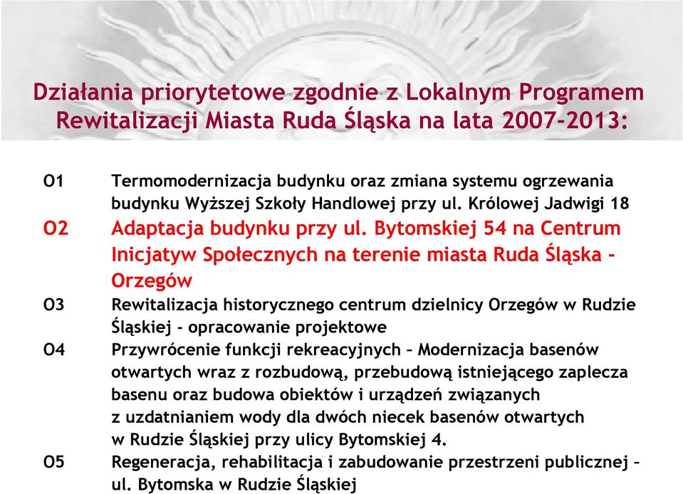 Bytomskiej 54 na Centrum Inicjatyw Społecznych na terenie miasta Ruda Śląska - Orzegów O3 Rewitalizacja historycznego centrum dzielnicy Orzegów w Rudzie Śląskiej - opracowanie projektowe O4