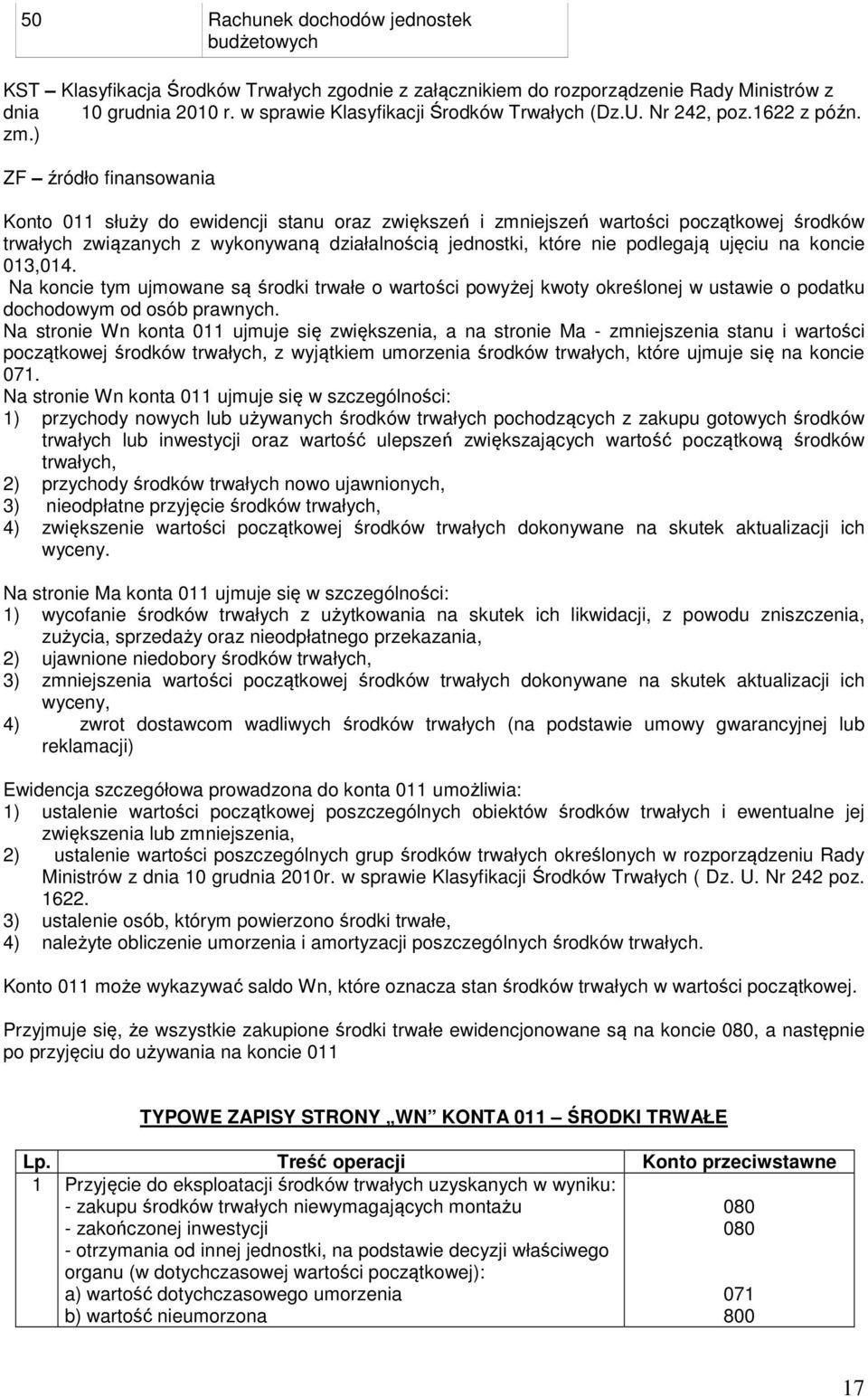 ) ZF źródło finansowania Konto 011 służy do ewidencji stanu oraz zwiększeń i zmniejszeń wartości początkowej środków trwałych związanych z wykonywaną działalnością jednostki, które nie podlegają