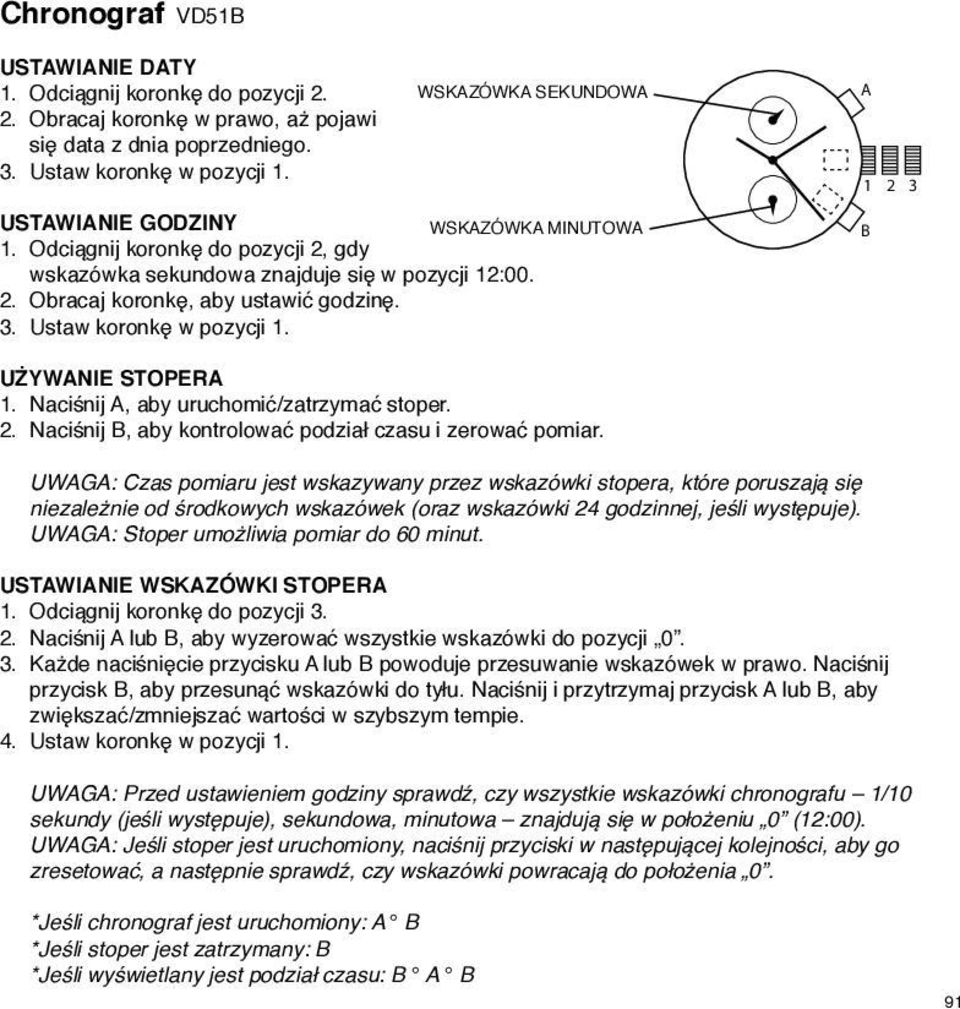 UWG: Czas pomiaru jest wskazywany przez wskazówki stopera, które poruszają się niezależnie od środkowych wskazówek (oraz wskazówki 24 godzinnej, jeśli występuje).