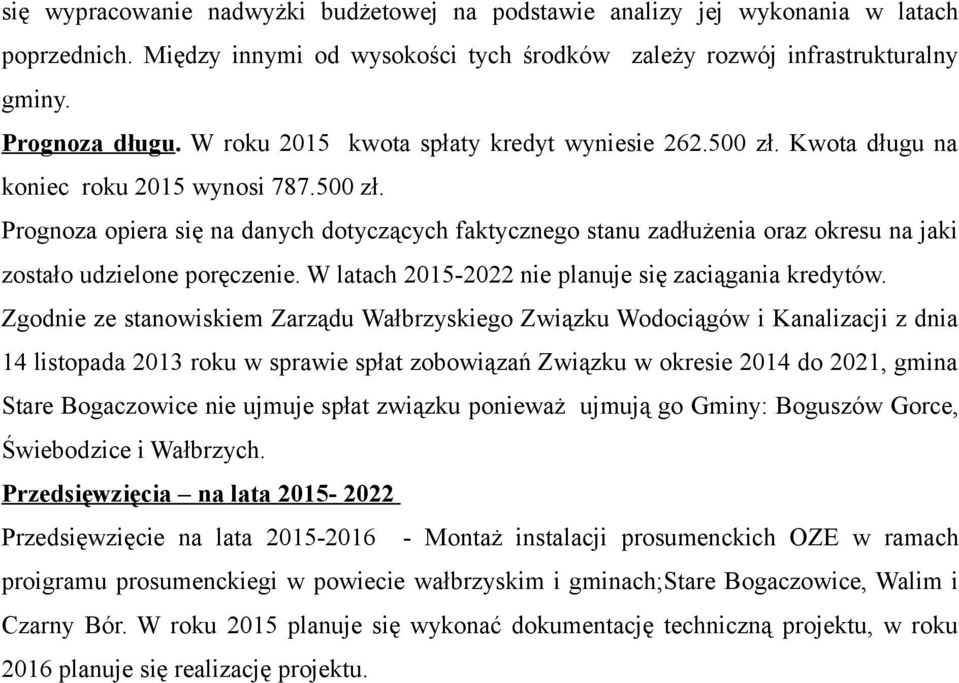 W latach 2015-2022 nie planuje się zaciągania kredytów.