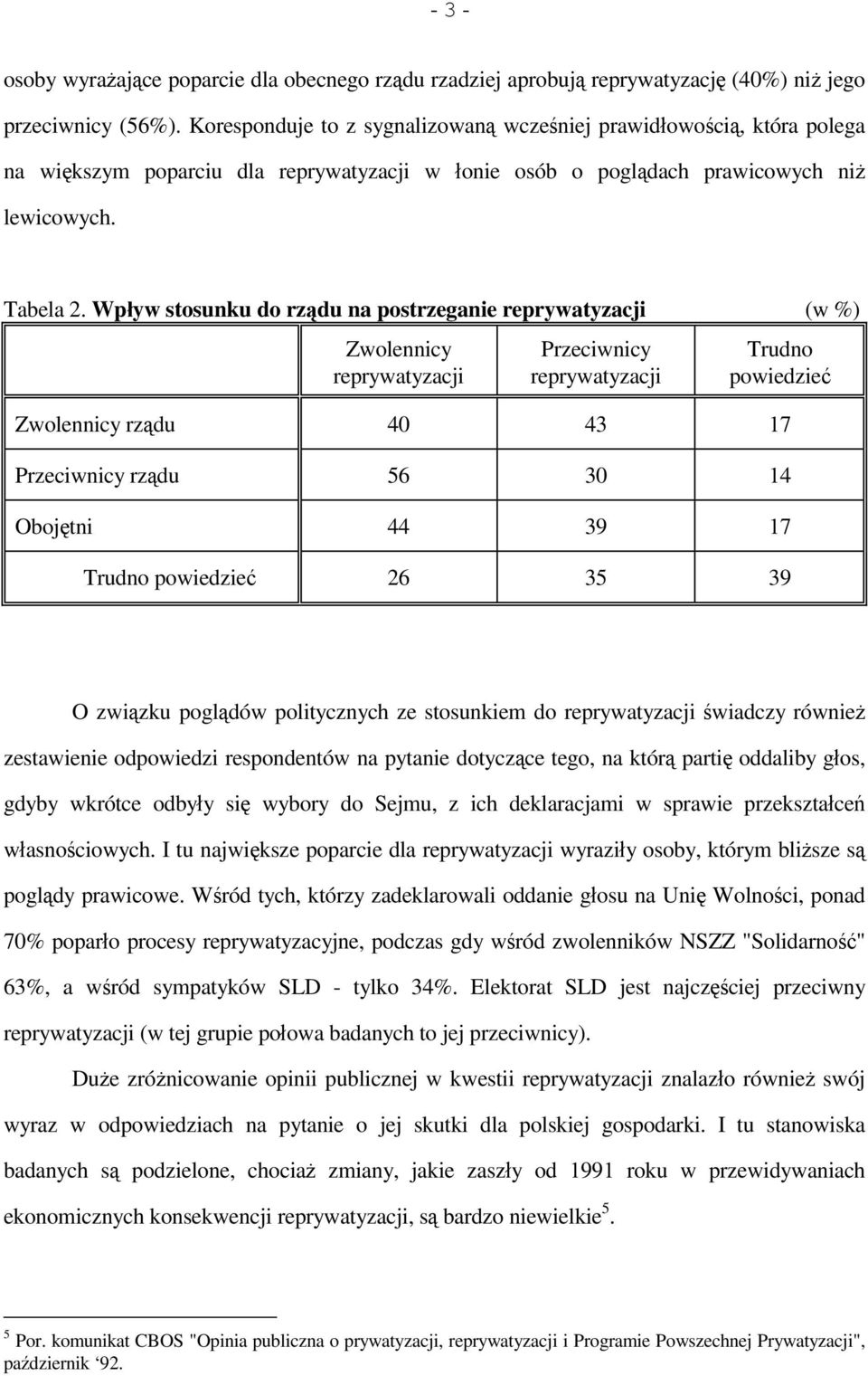 Wpływ stosunku do rządu na postrzeganie (w %) Zwolennicy Przeciwnicy Zwolennicy rządu 40 43 17 Przeciwnicy rządu 56 30 14 Obojętni 44 39 17 26 35 39 O związku poglądów politycznych ze stosunkiem do