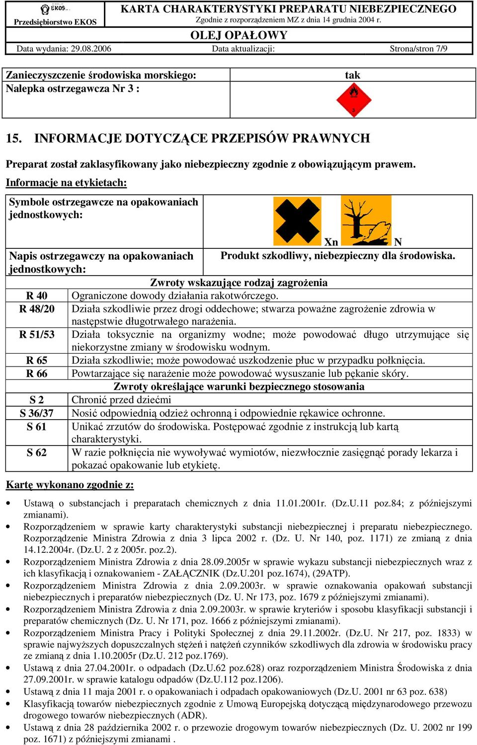 Informacje na etykietach: Symbole ostrzegawcze na opakowaniach jednostkowych: Xn N Napis ostrzegawczy na opakowaniach Produkt szkodliwy, niebezpieczny dla środowiska.