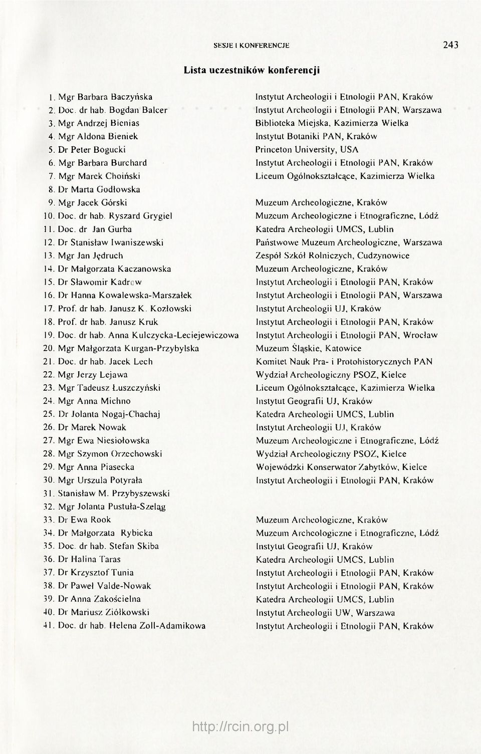 Dr Sławomir Kadrow 16. Dr Hanna Kowalewska-Marszałek 17. Prof. dr hab. Janusz K. Kozłowski 18. Prof. dr hab. Janusz Kruk 19. Doc. dr hab. Anna Kulczycka-Leciejewiczowa 20.