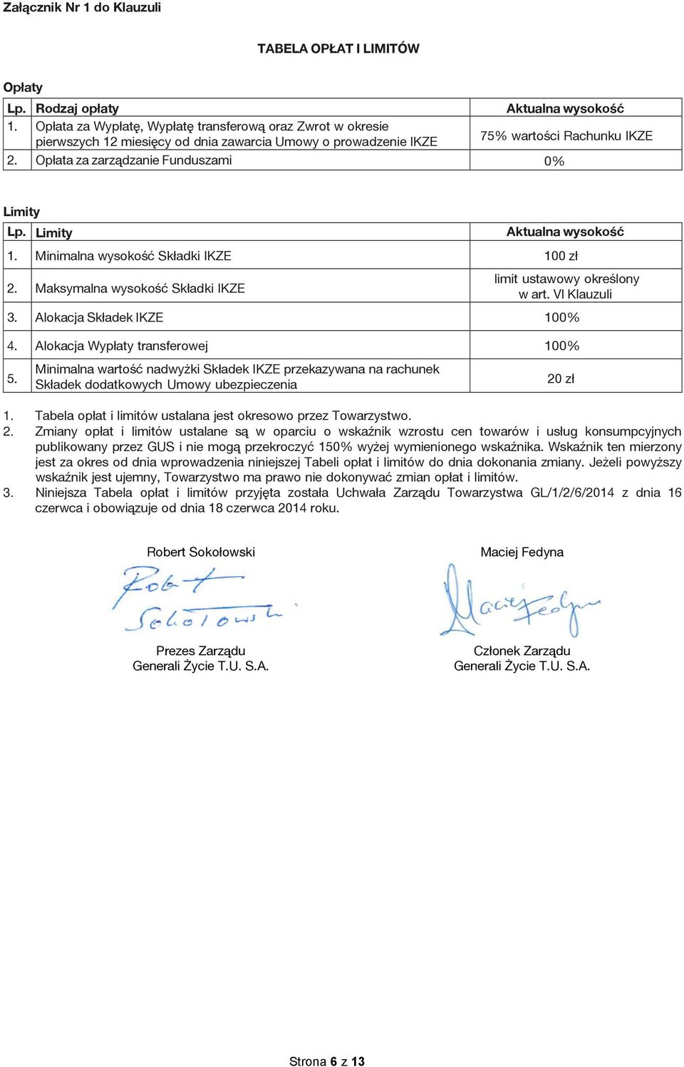 Opłata za zarządzanie Funduszami 0% Limity Lp. Limity Aktualna wysokość 1. Minimalna wysokość Składki IKZE 100 zł 2. Maksymalna wysokość Składki IKZE limit ustawowy określony w art. VI Klauzuli 3.