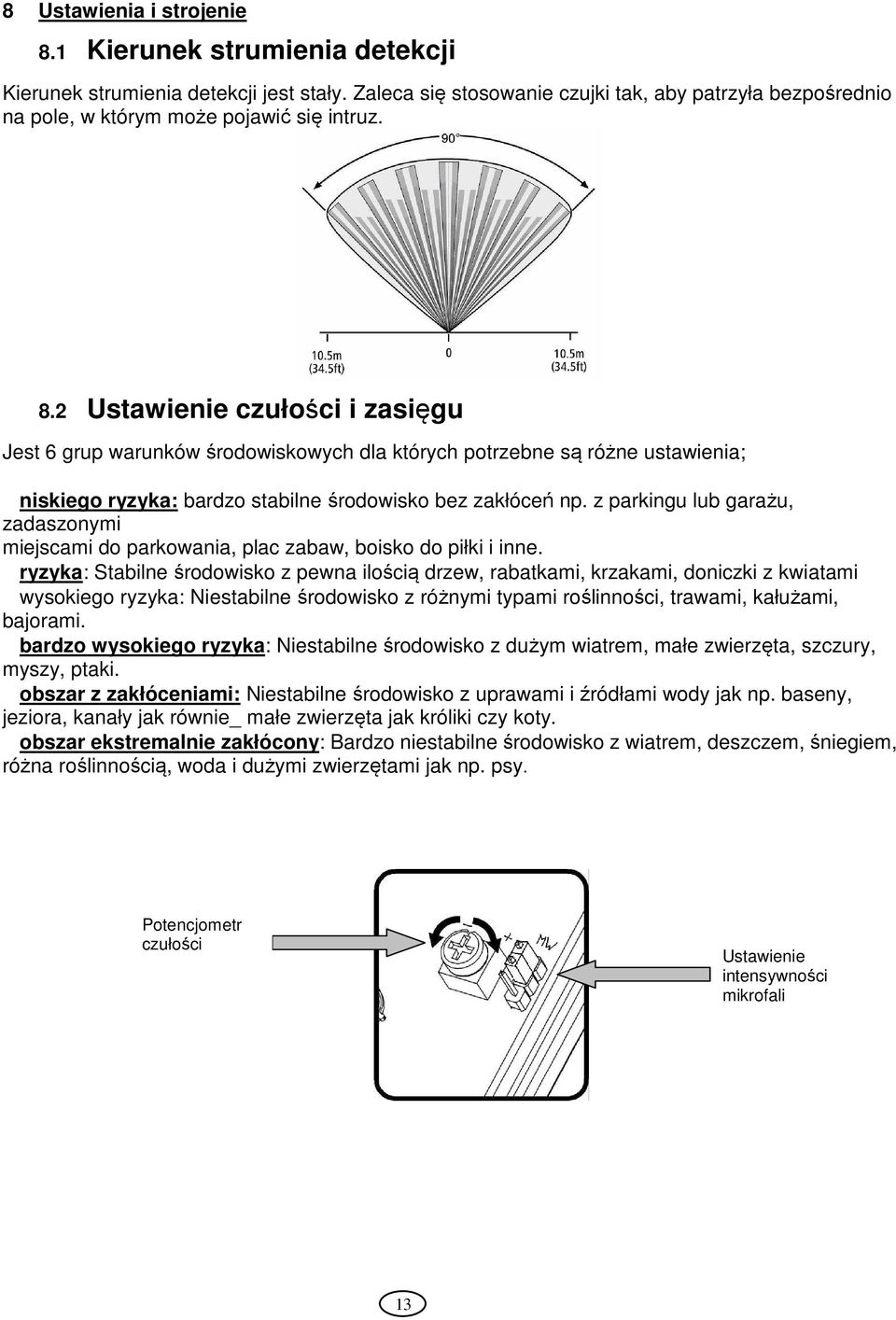2 Ustawienie czułości i zasięgu Jest 6 grup warunków środowiskowych dla których potrzebne są różne ustawienia; niskiego ryzyka: bardzo stabilne środowisko bez zakłóceń np.