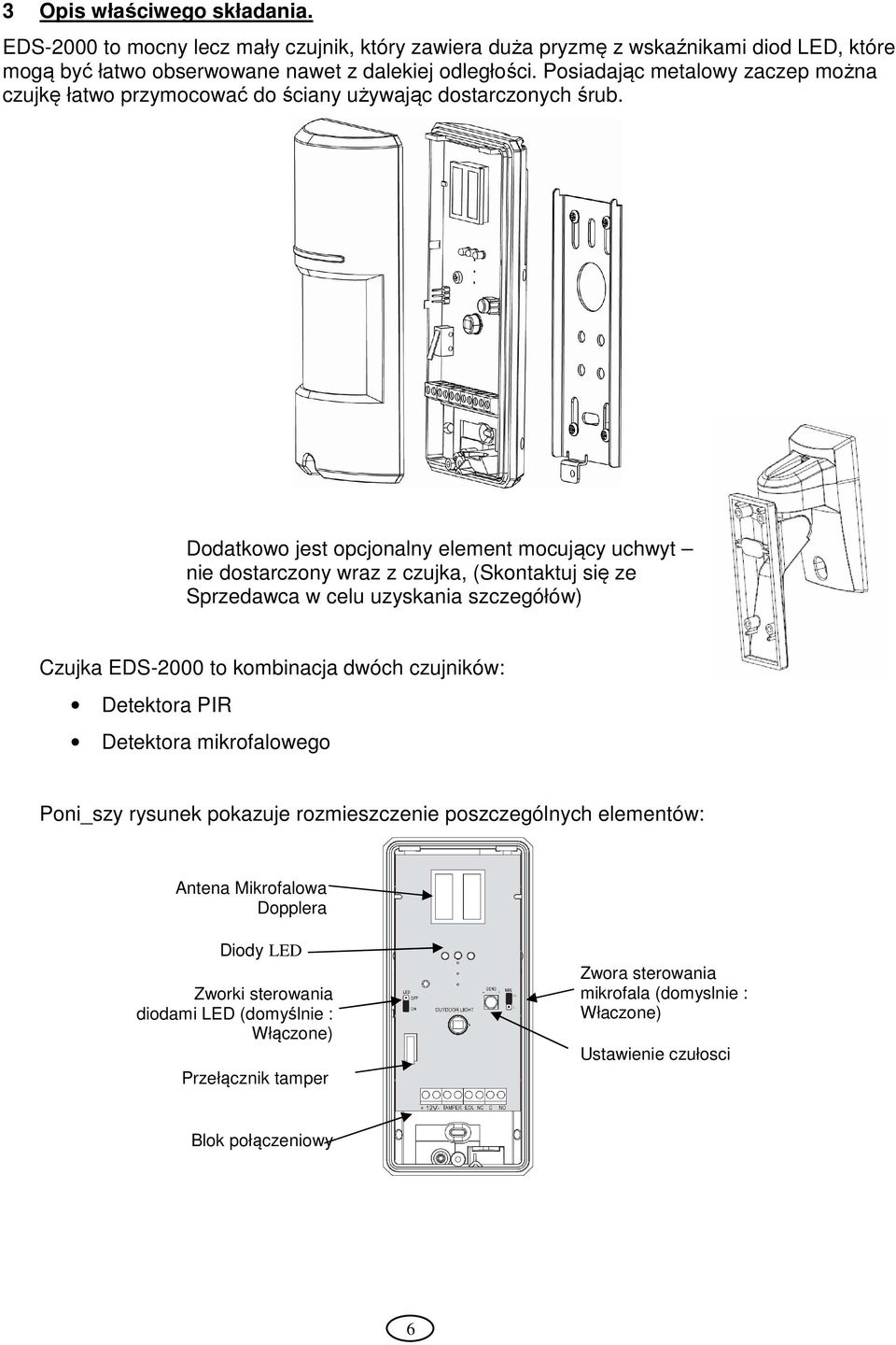 Dodatkowo jest opcjonalny element mocujący uchwyt nie dostarczony wraz z czujka, (Skontaktuj się ze Sprzedawca w celu uzyskania szczegółów) Czujka EDS-2000 to kombinacja dwóch czujników: