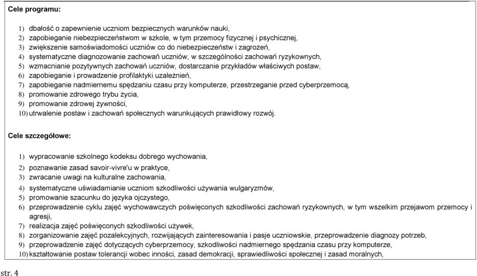 właściwych postaw, 6) zapobieganie i prowadzenie profilaktyki uzależnień, 7) zapobieganie nadmiernemu spędzaniu czasu przy komputerze, przestrzeganie przed cyberprzemocą, 8) promowanie zdrowego trybu