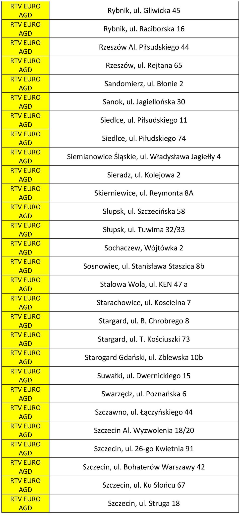 Tuwima 32/33 Sochaczew, Wójtówka 2 Sosnowiec, ul. Stanisława Staszica 8b Stalowa Wola, ul. KEN 47 a Starachowice, ul. Koscielna 7 Stargard, ul. B. Chrobrego 8 Stargard, ul. T.