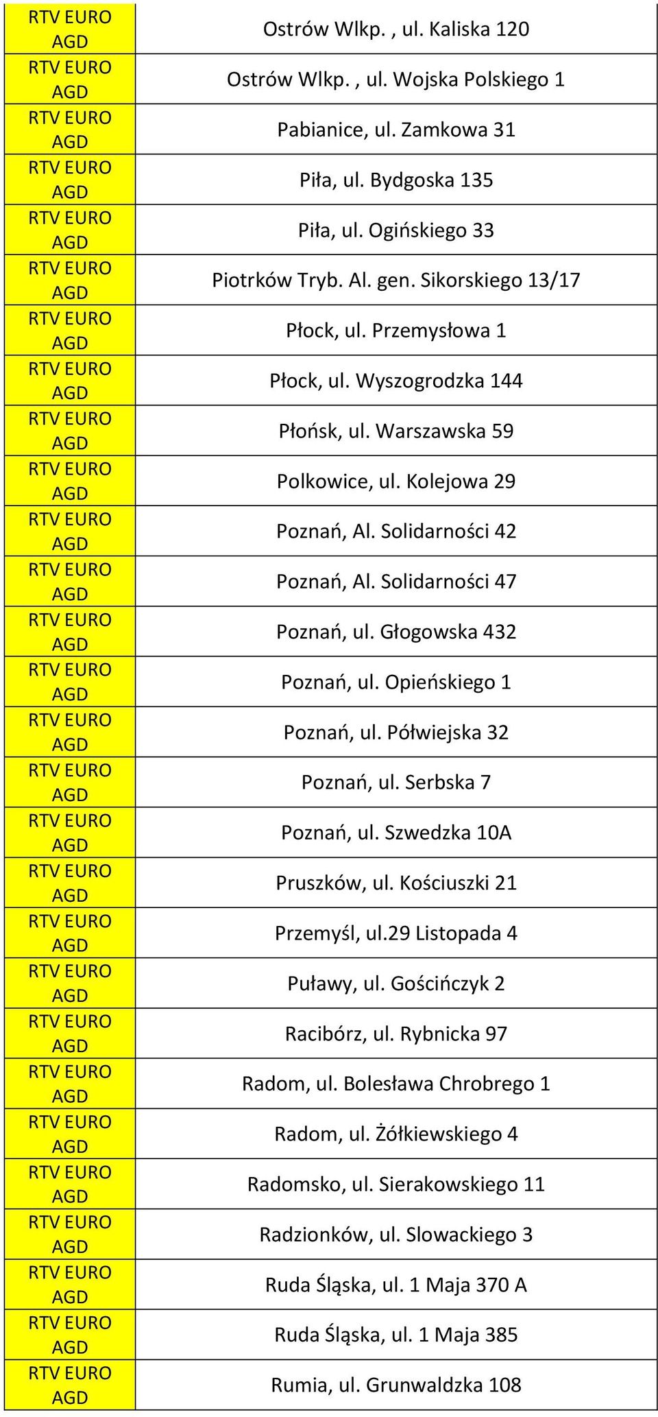 Opieńskiego 1 Poznań, ul. Półwiejska 32 Poznań, ul. Serbska 7 Poznań, ul. Szwedzka 10A Pruszków, ul. Kościuszki 21 Przemyśl, ul.29 Listopada 4 Puławy, ul. Gościńczyk 2 Racibórz, ul.