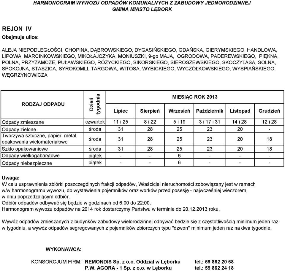 SOLNA, SPOKOJNA, STASZICA, SYROKOMLI, TARGOWA, WITOSA, WYBICKIEGO, WYCZÓŁKOWSKIEGO, WYSPIAŃSKIEGO, WĘGRZYNOWICZA Odpady zmieszane czwartek 11 i