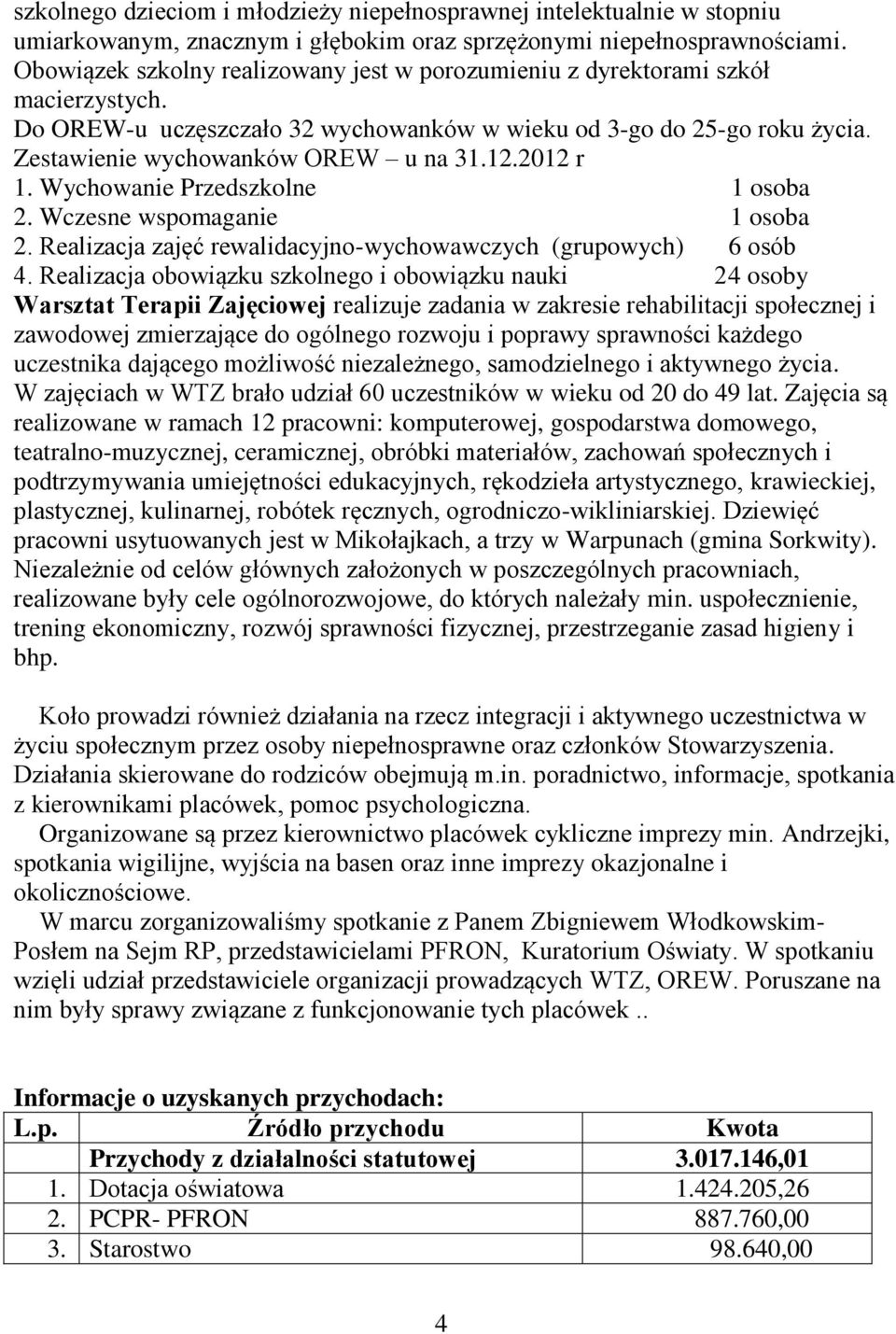 2012 r 1. Wychowanie Przedszkolne 1 osoba 2. Wczesne wspomaganie 1 osoba 2. Realizacja zajęć rewalidacyjno-wychowawczych (grupowych) 6 osób 4.