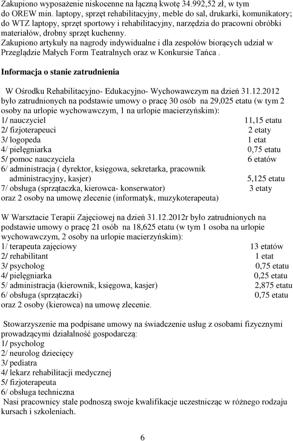 Zakupiono artykuły na nagrody indywidualne i dla zespołów biorących udział w Przeglądzie Małych Form Teatralnych oraz w Konkursie Tańca.
