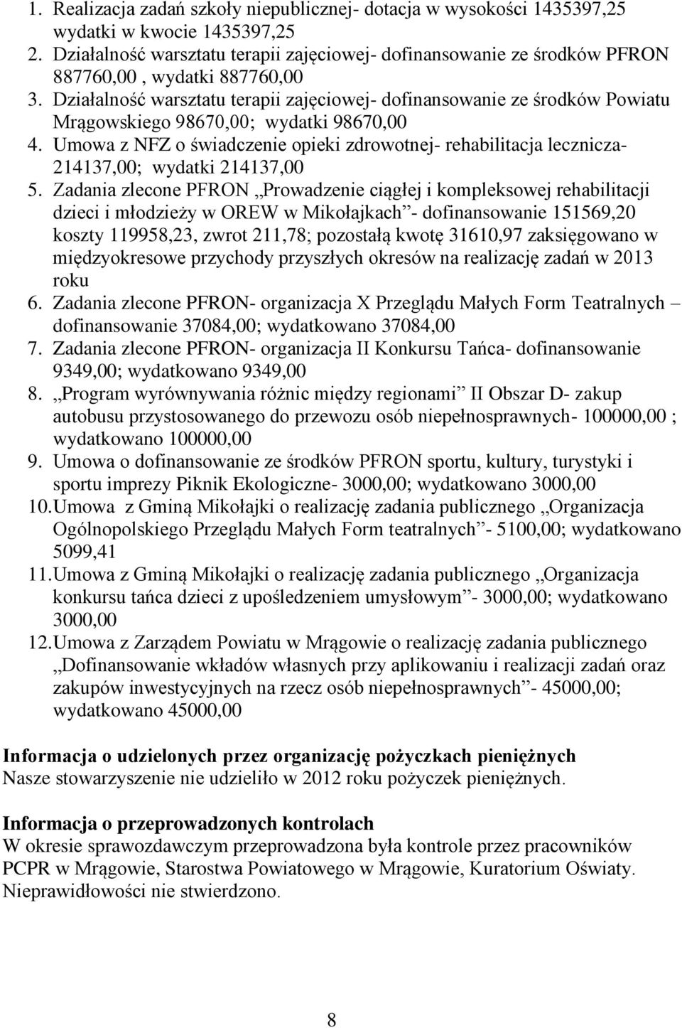Działalność warsztatu terapii zajęciowej- dofinansowanie ze środków Powiatu Mrągowskiego 98670,00; wydatki 98670,00 4.