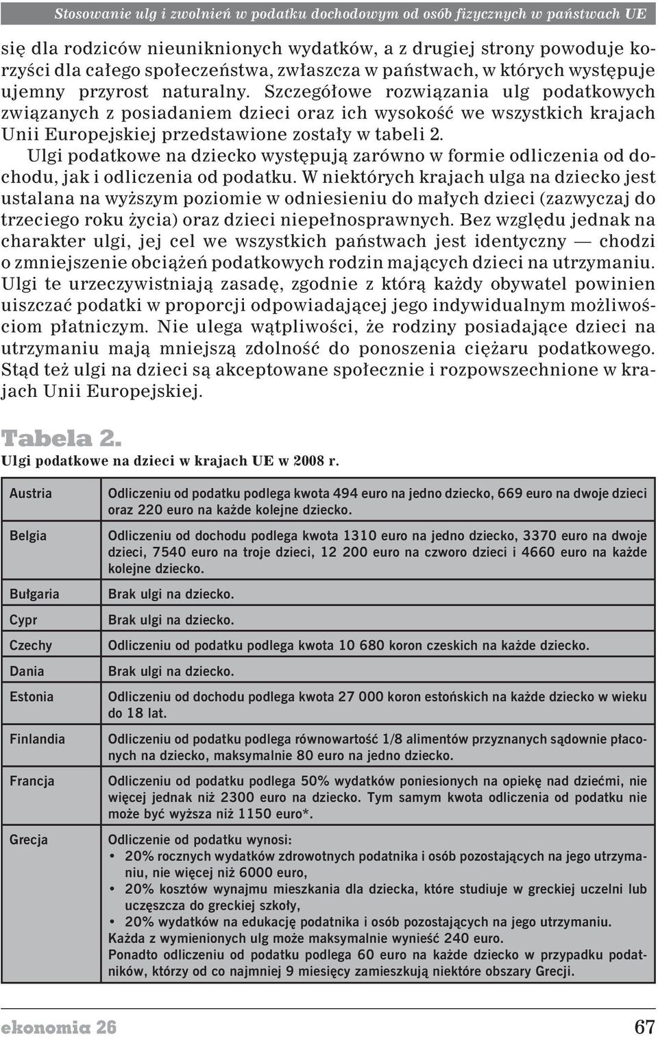 Szczegó³owe rozwi¹zania ulg podatkowych zwi¹zanych z posiadaniem dzieci oraz ich wysokoœæ we wszystkich krajach Unii Europejskiej przedstawione zosta³y w tabeli 2.