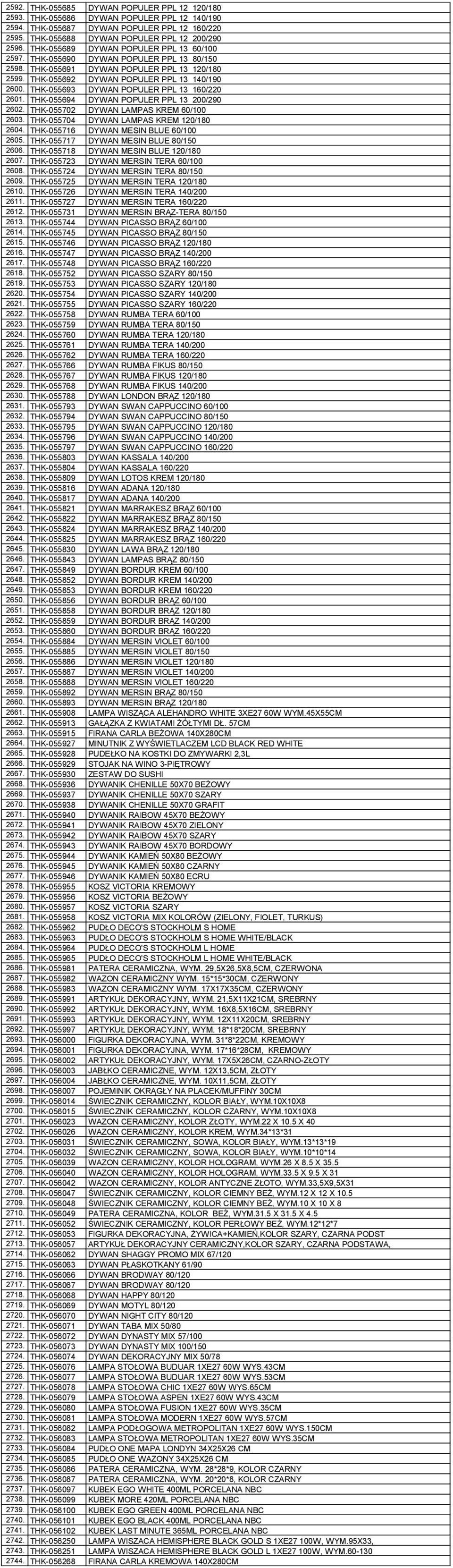 THK-055693 DYWAN POPULER PPL 13 160/220 2601. THK-055694 DYWAN POPULER PPL 13 200/290 2602. THK-055702 DYWAN LAMPAS KREM 60/100 2603. THK-055704 DYWAN LAMPAS KREM 120/180 2604.