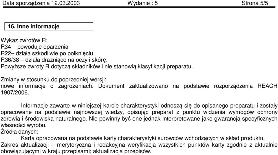 Dokument zaktualizowano na podstawie rozporządzenia REACH 1907/2006.